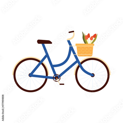 Isolated blue bicycle with basket of tulips evokes French charm and leisure vector illustration