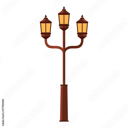 Elegant vintage French street lamp with three glowing lanterns on white isolated vector illustration
