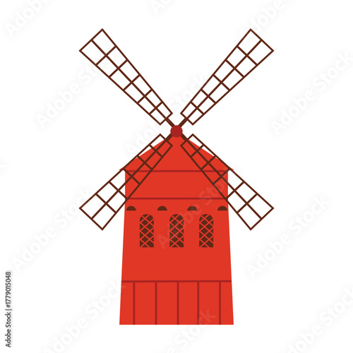 Classic red windmill inspired by France, isolated on white background for travel and culture concepts vector illustration