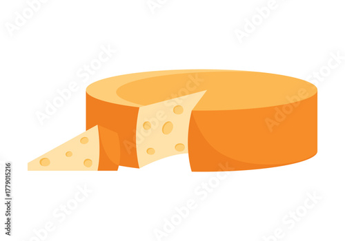 Round French cheese wheel with wedge cut, isolated on white background vector illustration