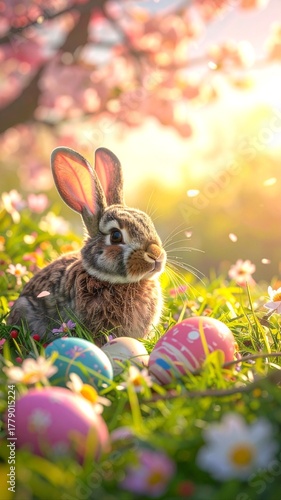 Easter Bunny with Decorated Eggs Outdoors.