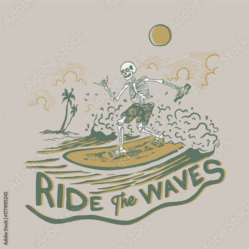 Surf Illustration ,t-shirt graphics ,vectors,typography,pacific surf wave,summer tropical heat print,surf print vector set,wave illustration,hand drawn