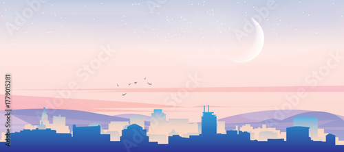 Panoramic poster of the city skyline with misty background buildings, hills sunrise, sunset and clouds of MEXICO CITY, MEXICO