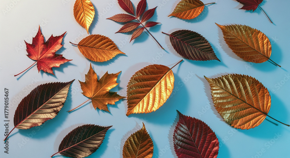 Obraz premium Pattern of dry maple leaves on a colorful background