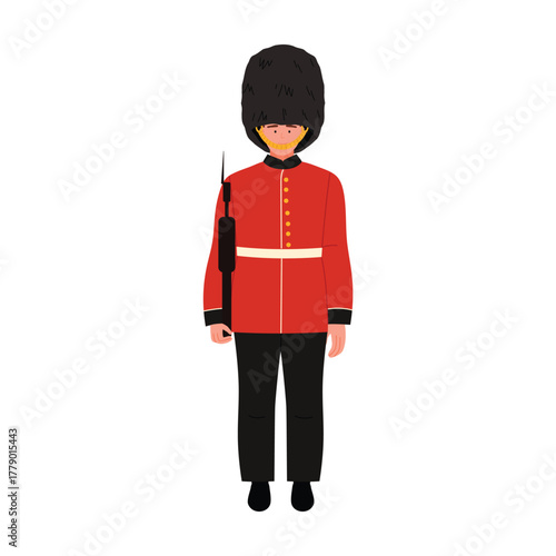 Traditional British royal guard in red uniform and bearskin hat standing isolated vector illustration