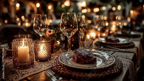 Romantic candlelit dinner table with elegant glassware and warm ambient lights, generative ai