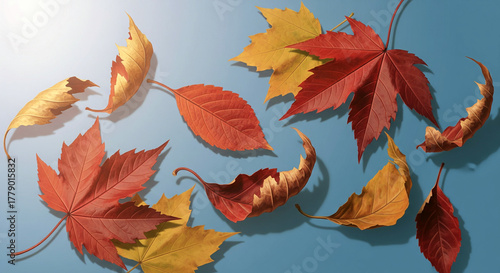 Pattern of dry maple leaves on a colorful background