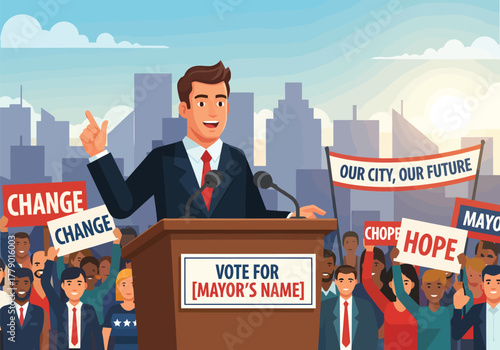 An illustration capturing the climax of a political campaign event