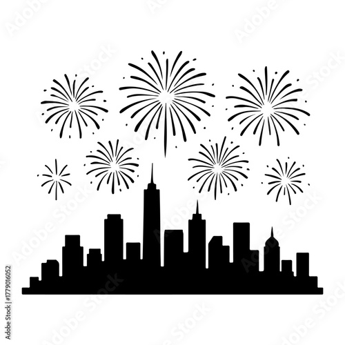 Black silhouette of a city skyline with a vibrant fireworks display exploding above