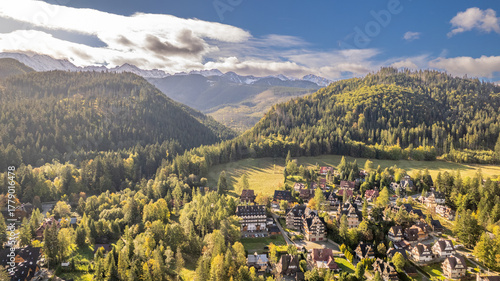 Fototapeta Naklejka Na Ścianę i Meble -  Aerial panoramic view of mountain village and autumn valley, Tatra Mountains, Poland