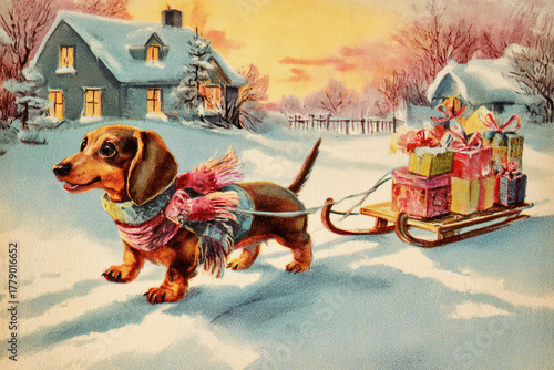A cheerful dachshund wearing a scarf joyfully pulls a sled full of colorful wrapped gifts across a snowy landscape, with a charming house in the background at sunset