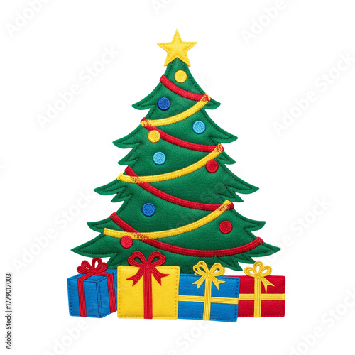 Felt applique Christmas tree with presents, star and decorations isolated on white background