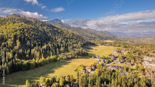 Fototapeta Naklejka Na Ścianę i Meble -  Panoramic aerial view of autumn mountain forest and village, Tatra Mountains, Poland
