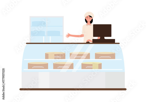 Isolated cheese shop counter with woman seller and cheese wheels on display vector illustration