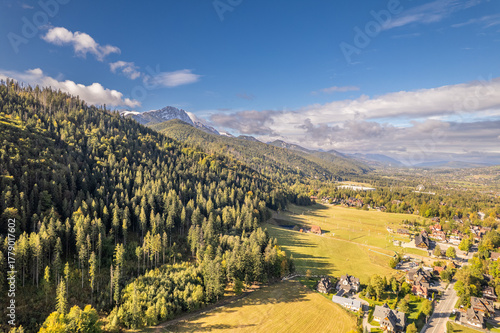 Fototapeta Naklejka Na Ścianę i Meble -  Aerial panoramic view of Zakopane city and mountains in autumn, Poland