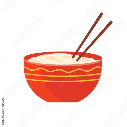 Isolated red Chinese rice bowl with chopsticks on white background for Asian food concepts vector illustration