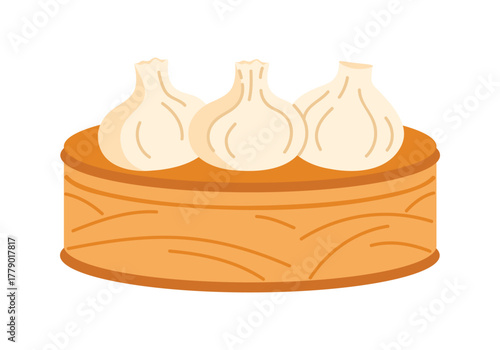 Three traditional Chinese steamed dumplings in a bamboo basket on a white isolated background vector illustration