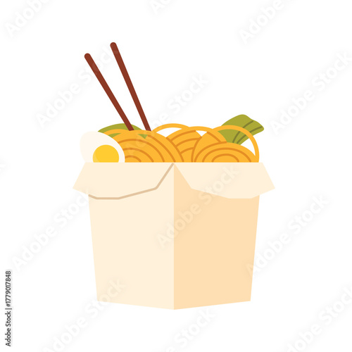 Isolated Chinese takeout box with noodles, egg, vegetables, and chopsticks on white background vector illustration