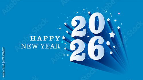 2026 happy new year 3d vector illustration. Greeting card with fireworks on blue background.
