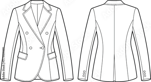 Tailored double-breasted blazer technical fashion sketch, front and back views, notched lapel, flap pockets, structured silhouette, garment construction detail vector