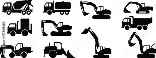 Construction vehicles silhouette set, heavy machinery icons, excavator, bulldozer, cement mixer, dump truck, industrial equipment, black vector illustration, isolated