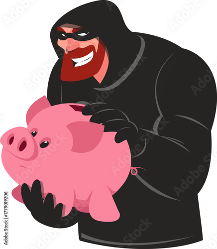 thief wearing black mask stole piggy bank with money