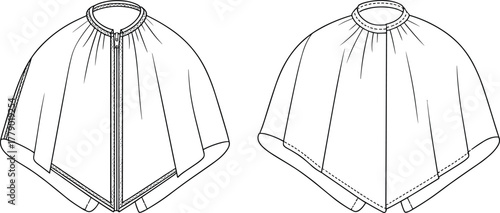 Cape garment technical fashion sketch, front zipper and pullover styles, gathered neckline, angular hemline, minimalist silhouette, garment construction detail vector illustration
