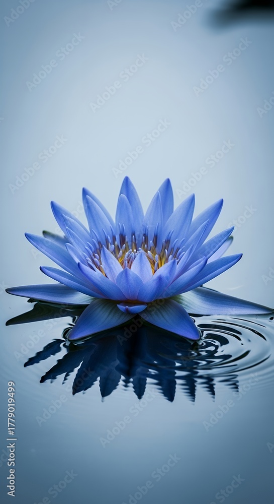 Obraz premium Serene Blue Lotus Blossom Reflecting in Calm Water.
