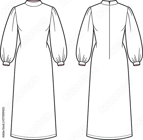 Long dress technical fashion sketch, high neckline, bishop sleeves with cuffs, straight floor-length silhouette, front and back views, garment construction vector illustration