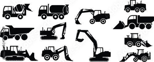 Construction vehicles silhouette set, heavy machinery icons, excavator, bulldozer, loader, cement mixer, dump truck, road roller, industrial equipment, vector illustration