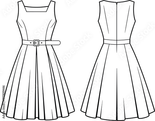 Sleeveless belted dress technical fashion sketch, square neckline front, high neckline back, pleated skirt, fitted silhouette, garment construction vector illustration