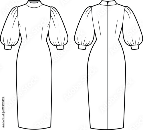 Long dress technical fashion sketch, high neckline, puff sleeves with fitted cuffs, straight skirt silhouette, front and back views, garment construction vector