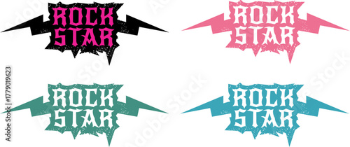 Rockstar Label Design Vector Bold Pink and Yellow Grunge Text with Lightning Bolts on Black and White Backgrounds, Ideal for Music, Fashion, and Branding. Rock star label ,print and sticker design
