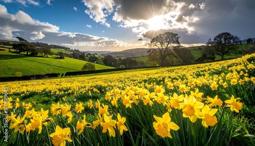 Fototapeta Naklejka Na Ścianę i Meble -  Vast field of daffodils under a dramatic sky