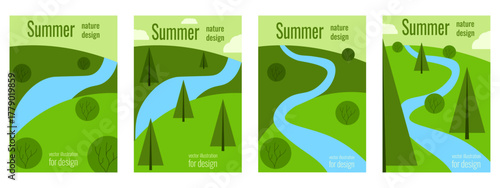 Alpine meadow. Set of vector illustration geen Summer Background with simple hand drawn Alpine meadow tree bush and river. mountain landscape. Perfect Summer card poster cover layount. EPS 10