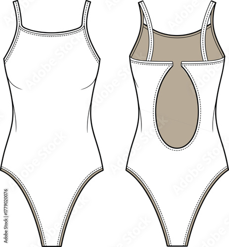 One-piece swimsuit technical fashion sketch, scoop neckline front and oval cut-out back view, minimalist silhouette, garment construction detail vector illustration