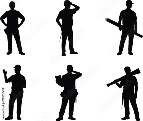 Construction worker silhouettes, blueprint holding men, engineering poses, tradesmen standing, industrial laborers, black vector icons, occupational illustration, job site graphics