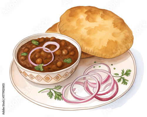 Watercolor chole bhature, fluffy white bhature with airy brushwork, deep umber curry, onion rings in pink hues, transparent background PNG.