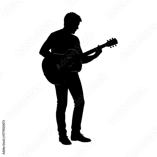 Silhouette of a man playing an acoustic guitar on a white background