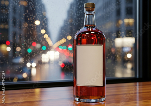 Mockup of a whiskey or rum bottle with a blank label on a bar counter with city lights bokeh. A sophisticated and moody template for premium liquor branding.