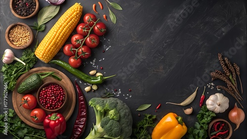 Fresh Colorful Vegetables and Ingredients on Dark Kitchen Background