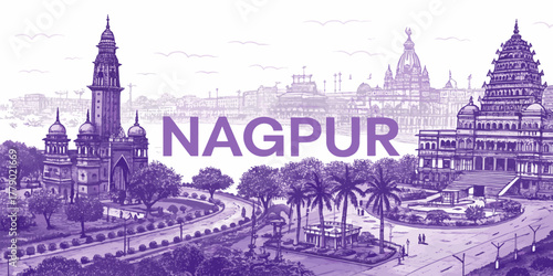 Nagpur Skyline Sketch with Deekshabhoomi, Sitabuldi Fort, Futala Lake, and Zero Mile — Cultural Line Art for Tourism Posters, Travel Branding, and Wall Decor