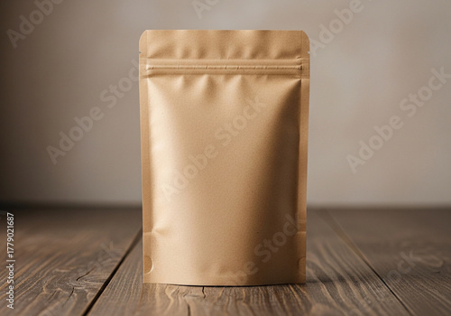 Mockup of a blank kraft paper stand-up pouch on a rustic wooden table. A versatile, eco-friendly template for food, coffee, or natural product packaging.