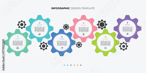 Business infographic template. 6 Step timeline journey. Process diagram, 6 options gear on white background, Infograph element