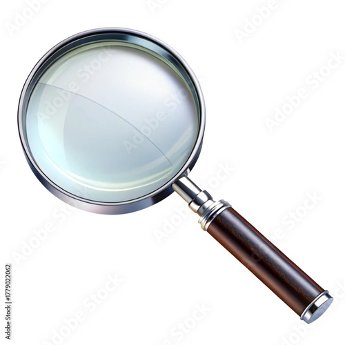 Magnifying glass with a brown wooden handle isolated on transparent background, a tool for seeing small details clearly