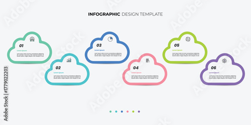 Business infographic template. 6 Step timeline journey. Process diagram, 6 options cloud on white background, Infograph element