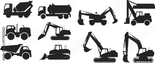 Construction vehicles, heavy machinery, excavator, bulldozer, cement mixer, dump truck, silhouette, industrial equipment, black icons, transport, loader, digger, hydraulic arm, compact