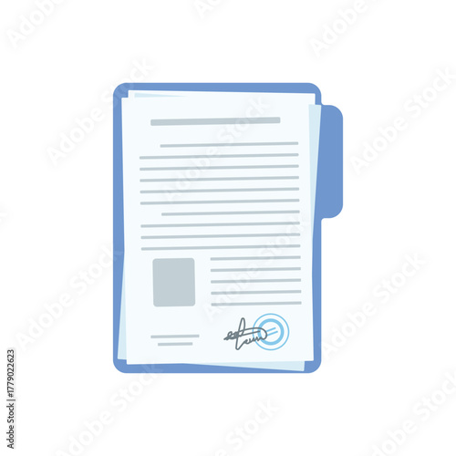 A document with a signature and seal on a white background. Vector illustration of a business contract.