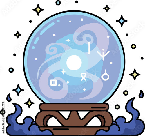 Cartoon illustration of a crystal ball with mystical symbols and swirling blue energy.