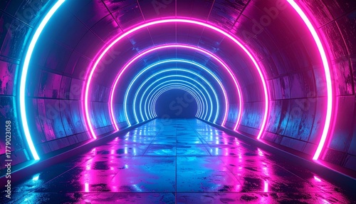 Fototapeta Naklejka Na Ścianę i Meble -  Neon tunnel with futuristic pathway, and abstract.